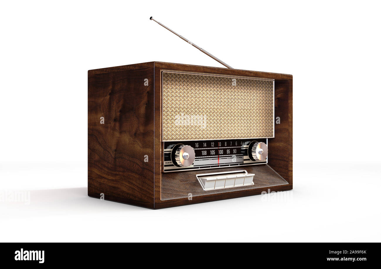 A concept vintage radio from the seventies made of speaker cloth chrome and wood on an isolated white studio background - 3D render Stock Photo