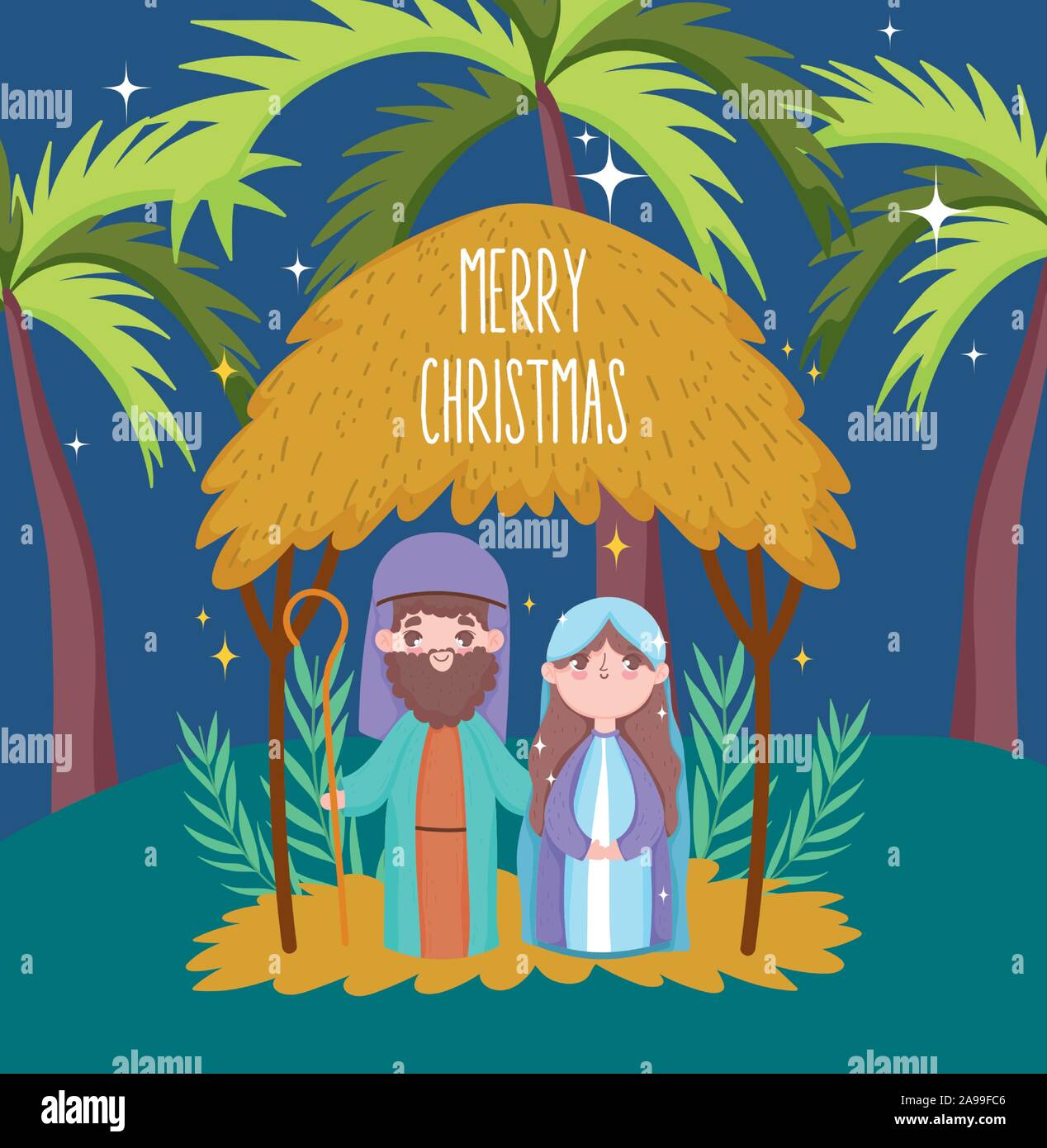 joseph and mary hut palms manger nativity, merry christmas vector ...
