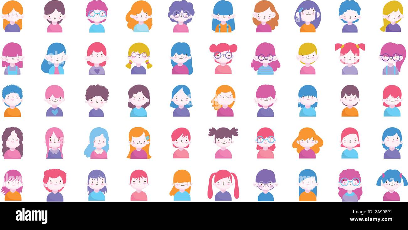 cute little boys and girls characters portrait set vector illustration ...