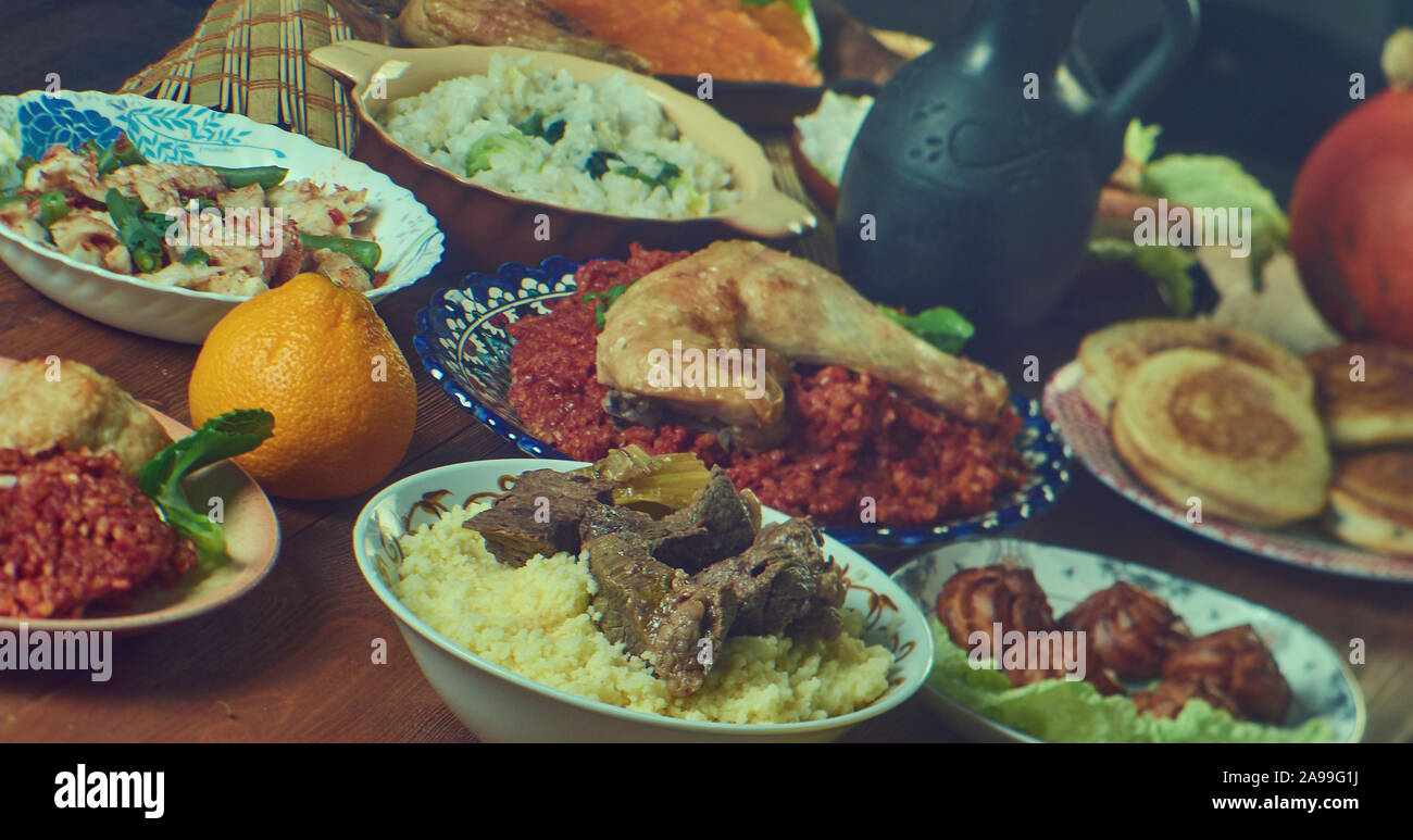 Burkina Faso cuisine, Traditional assorted African dishes, Top view. Stock Photo