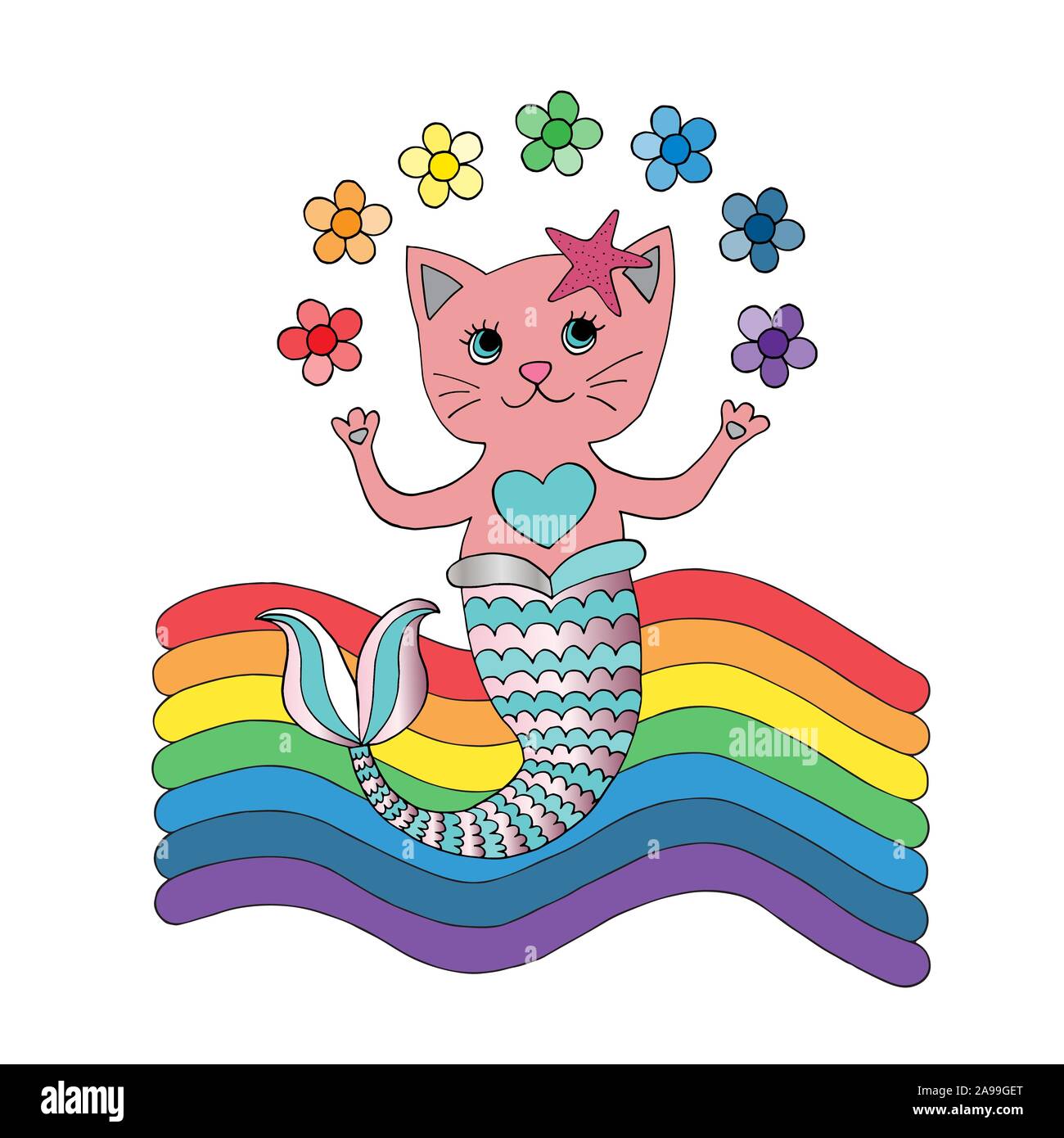 Cat mermaid vector illustration. Cute character with rainbow annd flowers. Hand drawn cartoon unique pet background. Stock Vector