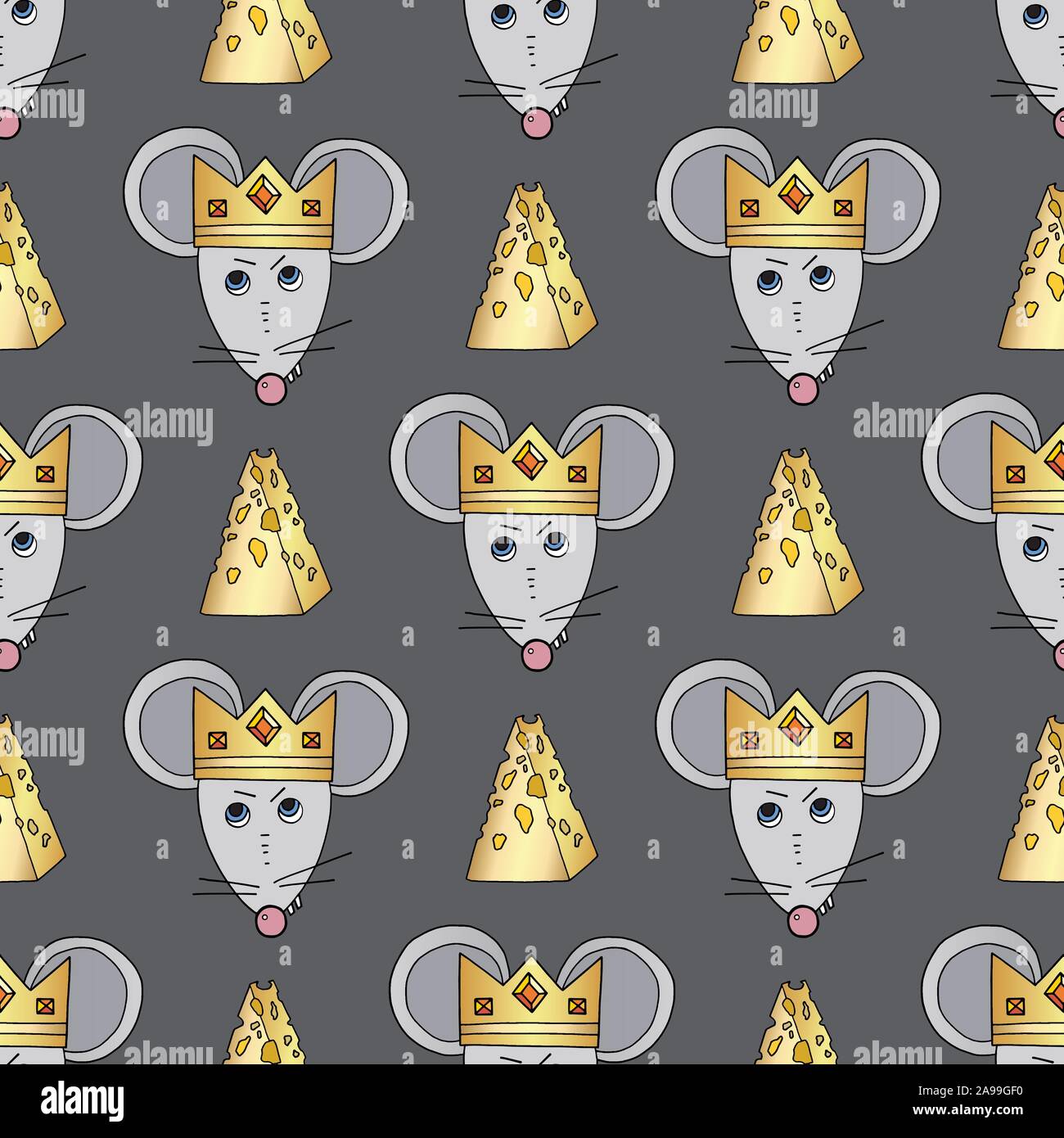 Rat character vector seamless pattern. Mouse animal with cheese and crown texture. Happy New Year symbol of 2020. Hand drawn cartoon cute pets packgro Stock Vector