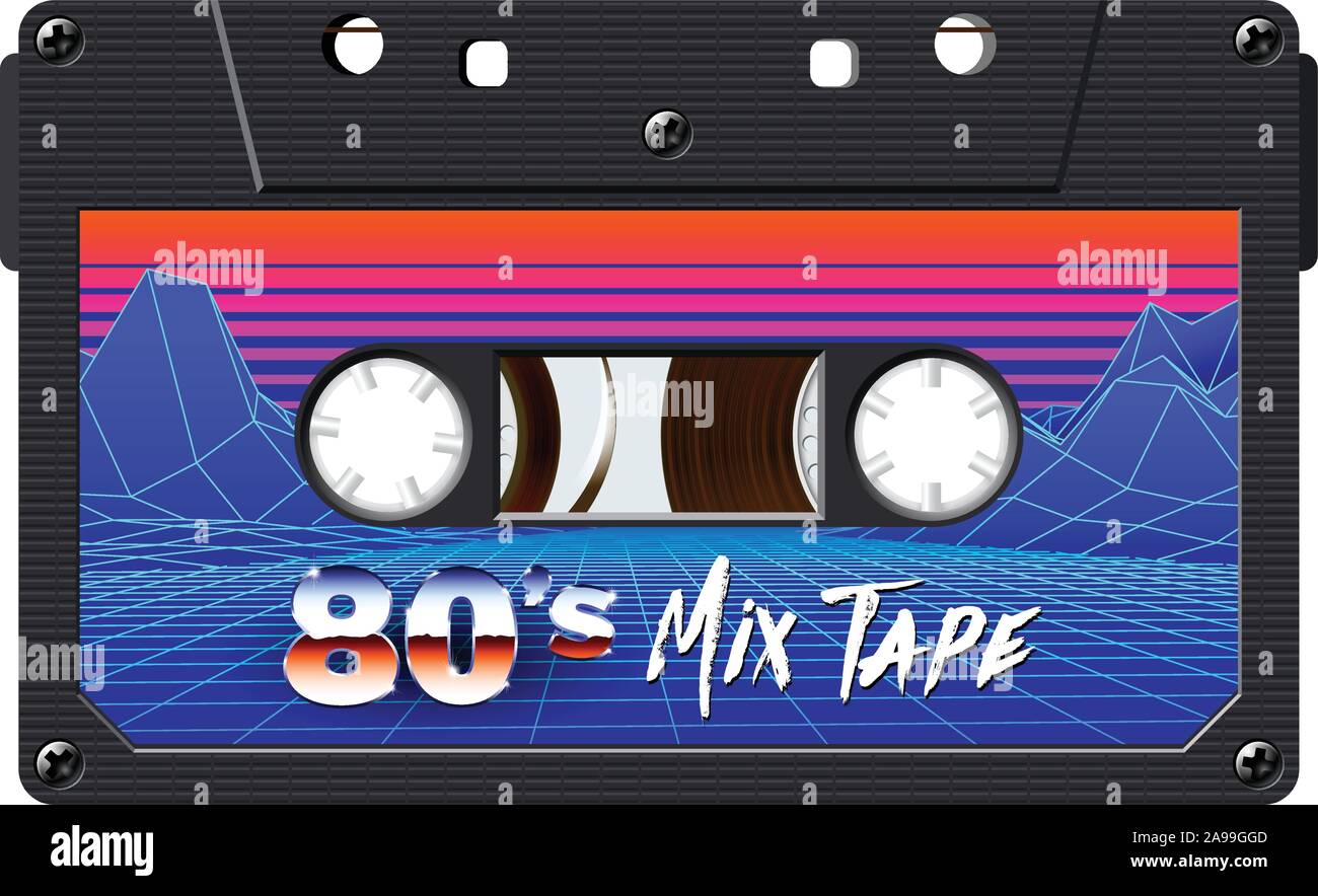 Cassette with retro label as vintage object for 80s revival mix tape