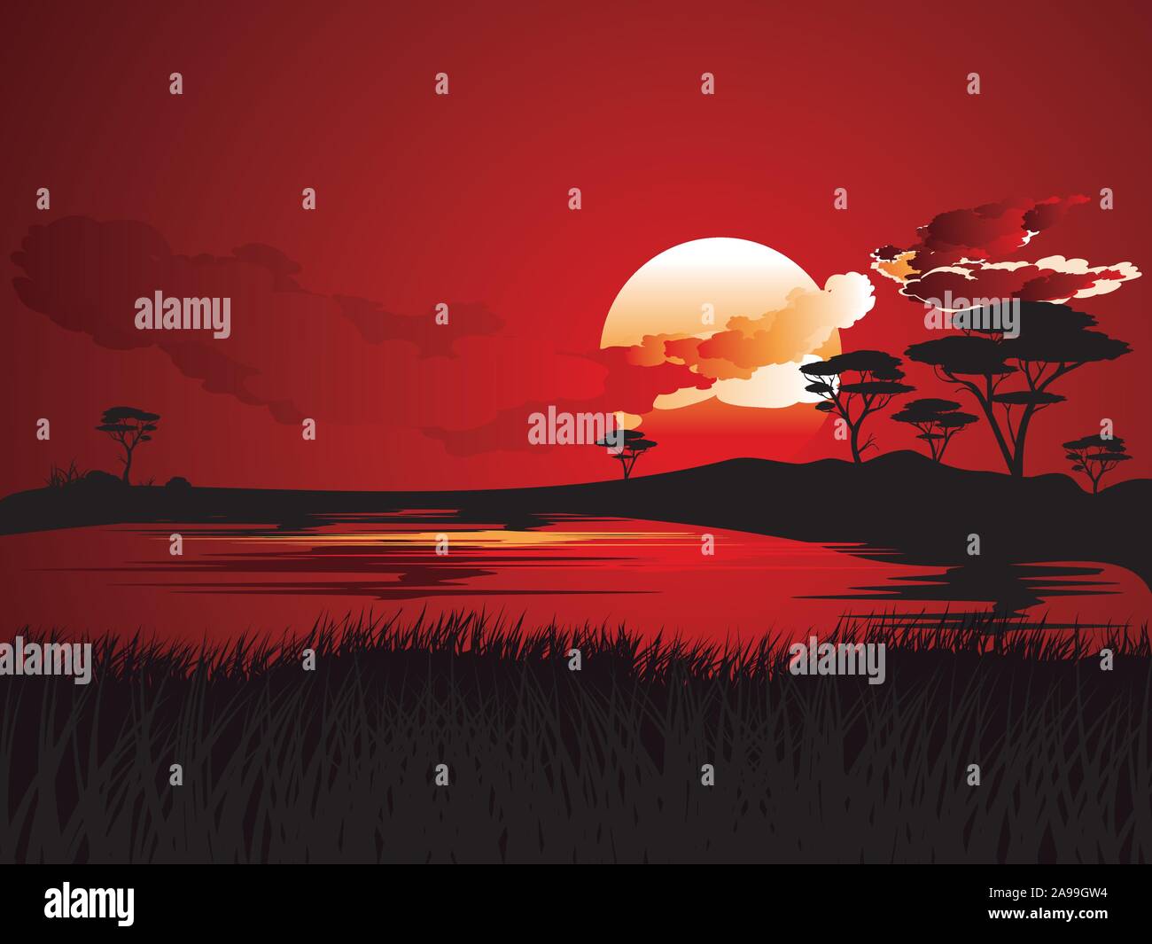 Colorful sunset scene, african landscape with silhouette of trees Stock ...