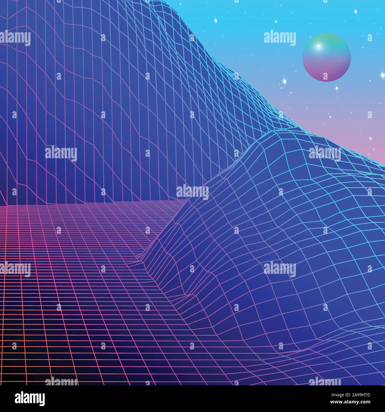 Landscape with wireframe grid of 80s styled retro computer game or ...