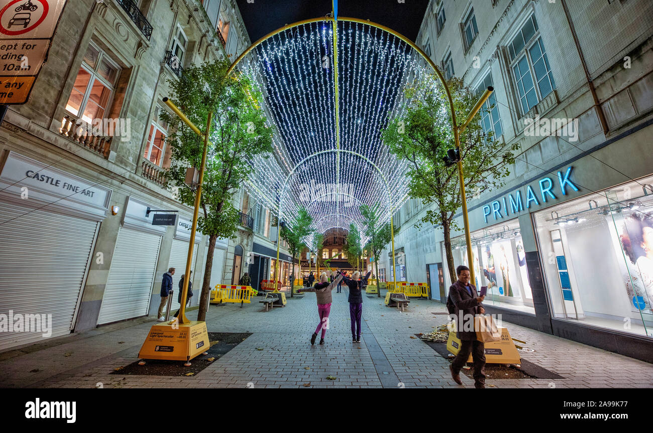 The Liverpool Light Spectacular, a 50-metre tunnel display of light and music on Church Alley in Liverpool which goes on display from Friday 15 November. Stock Photo