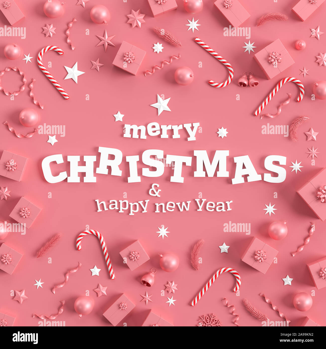Merry Christmas and happy new year background. Christmas background design  with ornaments on coral pink background. 3D illustration Stock Photo - Alamy