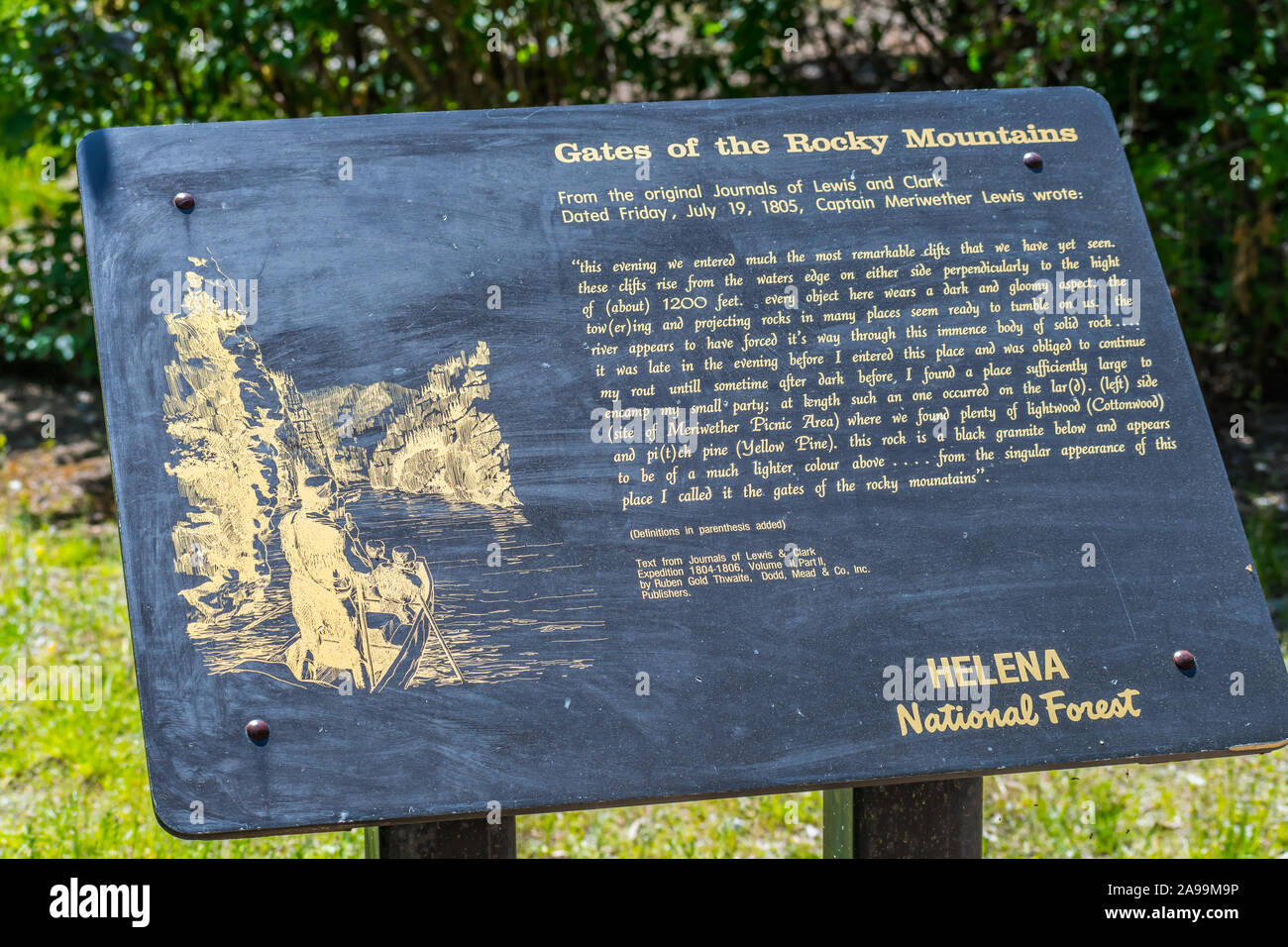 Helena, MT, USA June 11, 2019 The Gates of Rocy Mountains signage