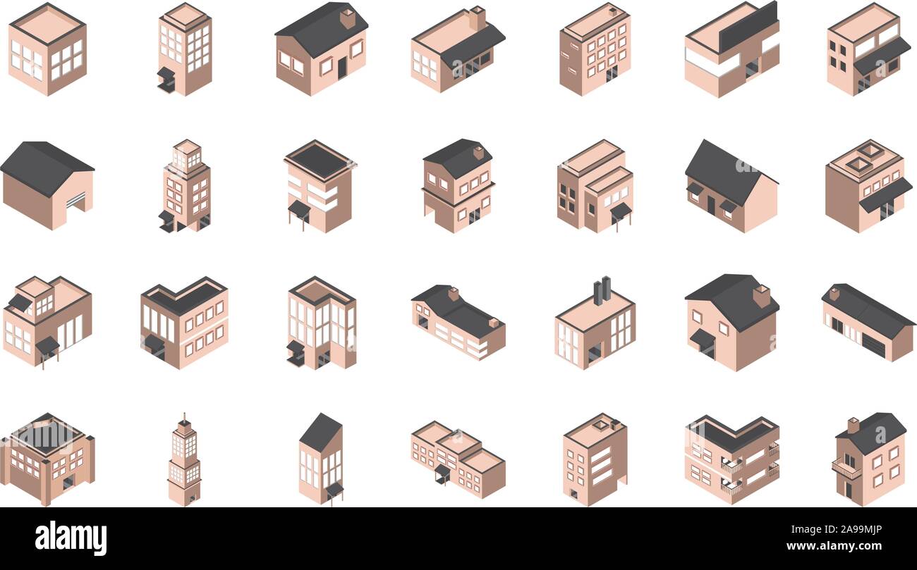building isometric style icons set vector illustration Stock Vector