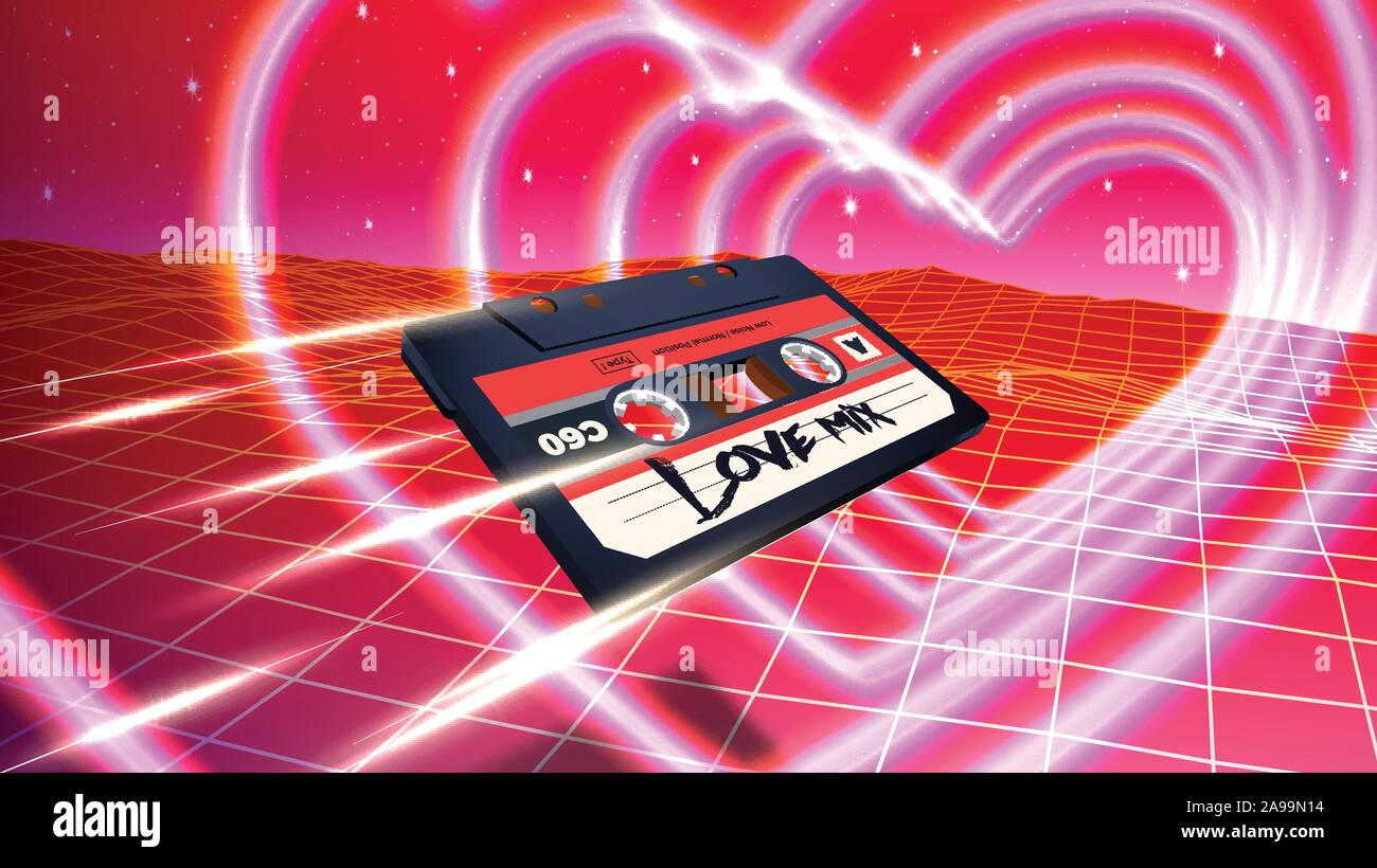 https://c8.alamy.com/comp/2A99N14/abstract-valentines-day-card-with-retro-80s-styled-landscape-and-cassette-fying-through-glowing-neon-hearts-in-retrowave-style-2A99N14.jpg
