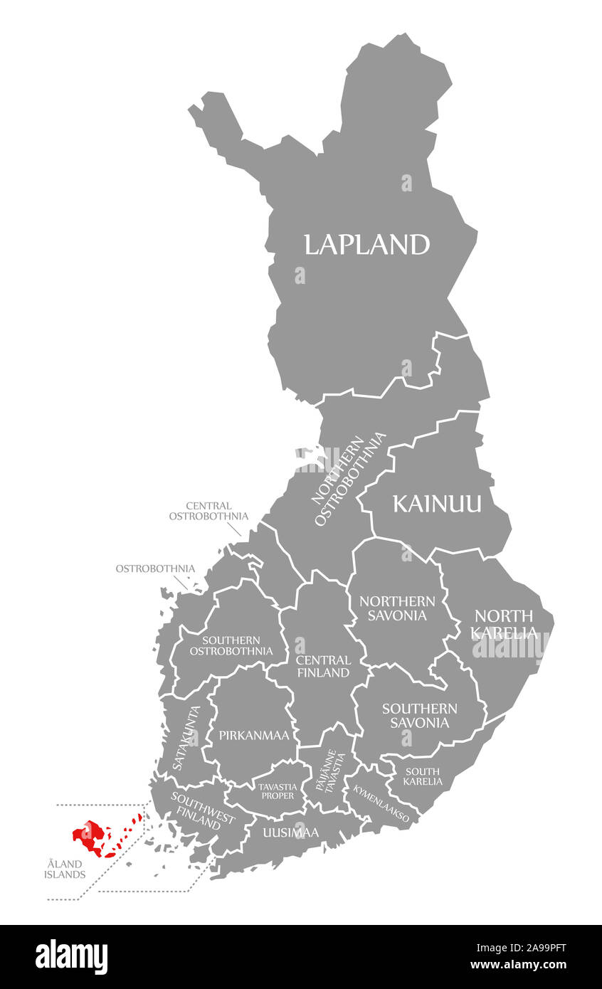 Aland Islands red highlighted in map of Finland Stock Photo