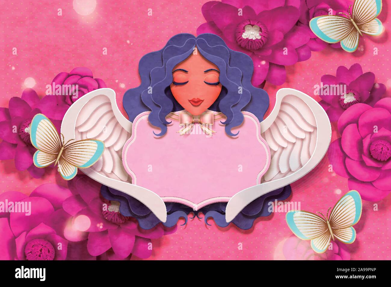 Beautiful angel and fuchsia flowers background in paper craft style ...