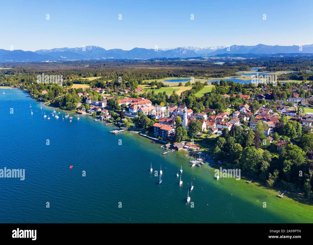 Seeshaupt at Lake Starnberger See with Alpine chain, Funfseenland, aerial view, Upper Bavaria, Bavaria, Germany Stock Photo