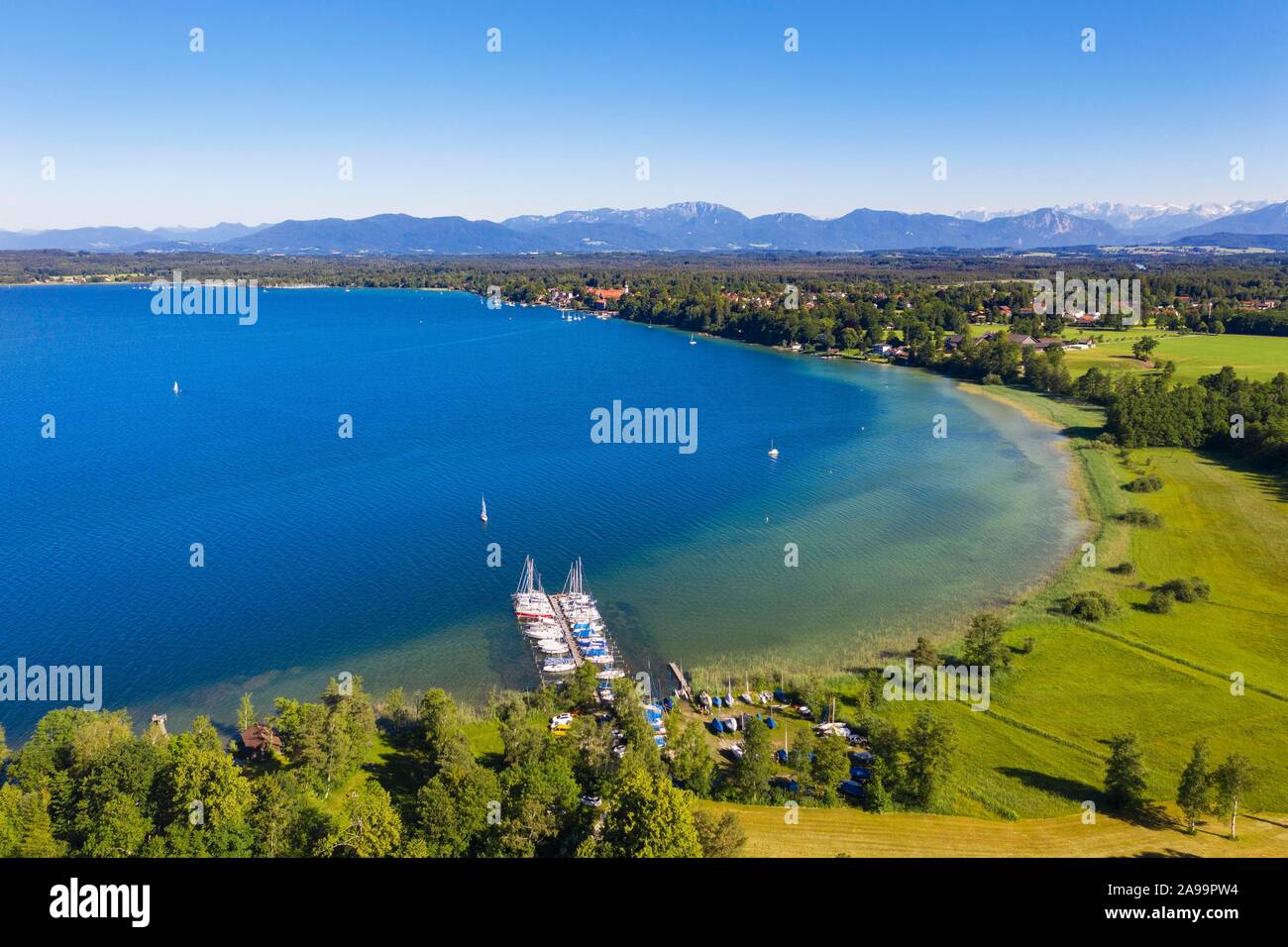 Boat landing stage in lake sides at Lake Starnberger See with alpine chain, lake head, five lake country, aerial view, Upper Bavaria, Bavaria, Germany Stock Photo