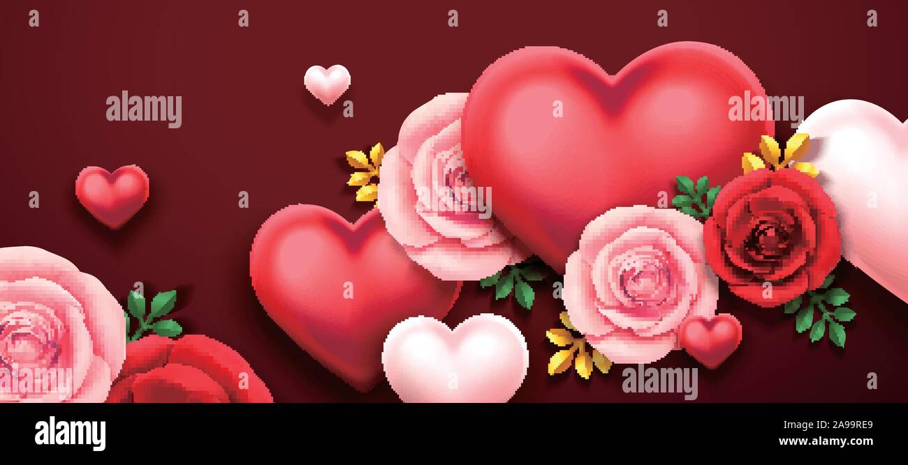 Valentine's day design with roses and heart shaped decorations in 3d ...