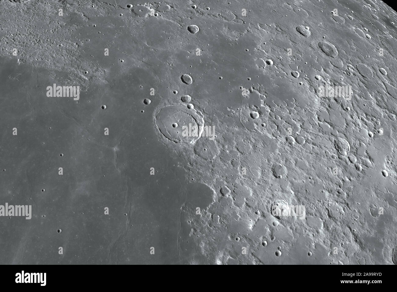 Crater Posidonius in lunar Mare Serenitatis of the moon, 3d rendering Stock Photo