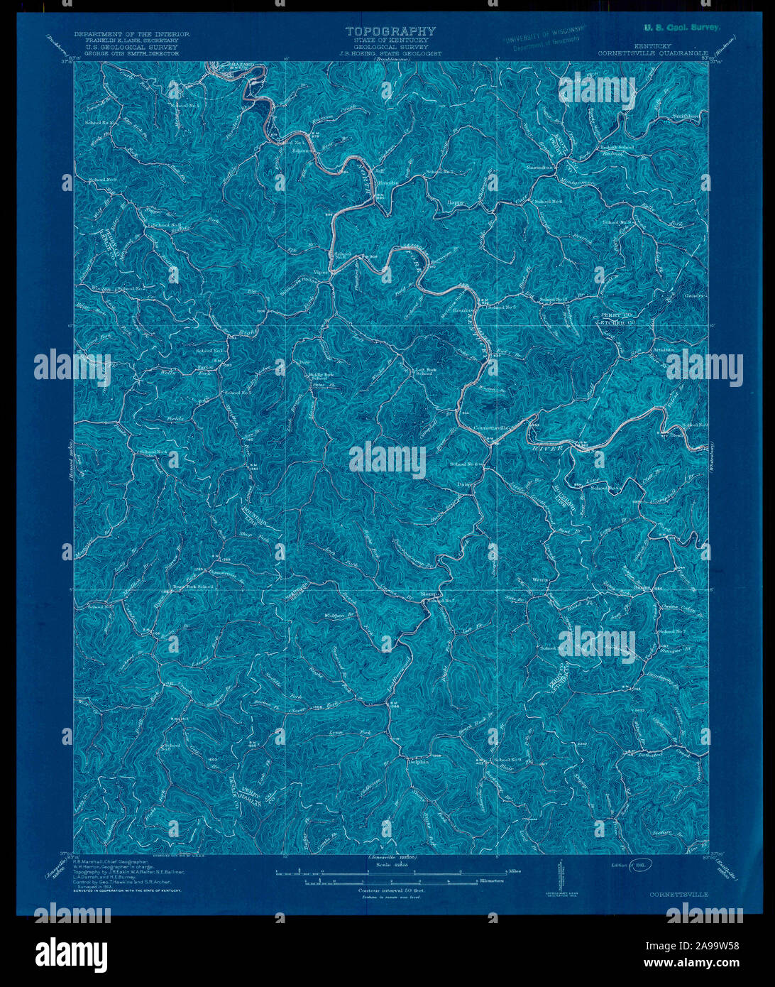 USGS TOPO Map Kentucky KY Cornettsville 708435 1916 62500 Inverted Stock Photo