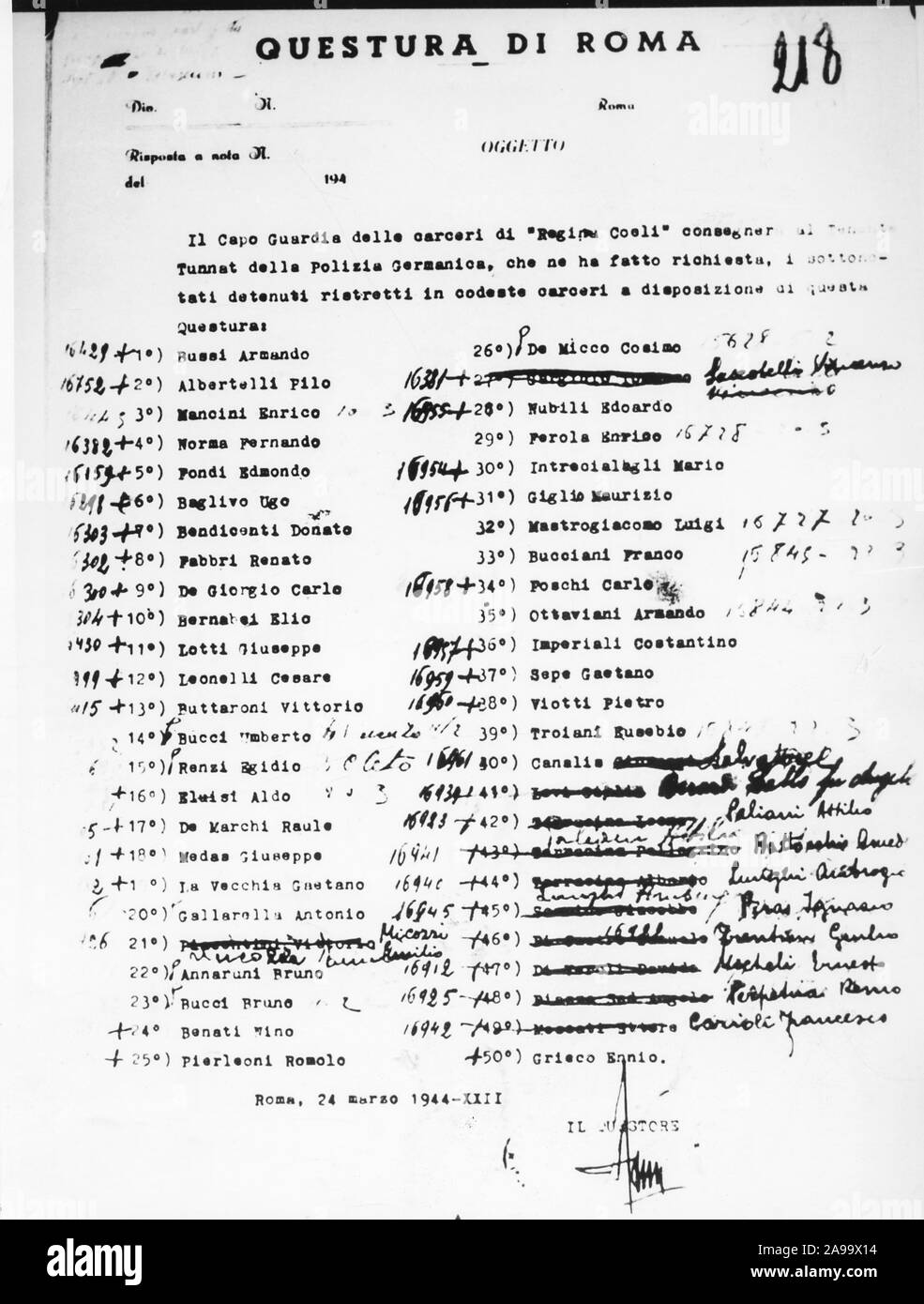 the document with the list of hostages to be shot, delivered by the German commissioner in charge of command, rome police headquarters, 24 March 1944 Stock Photo