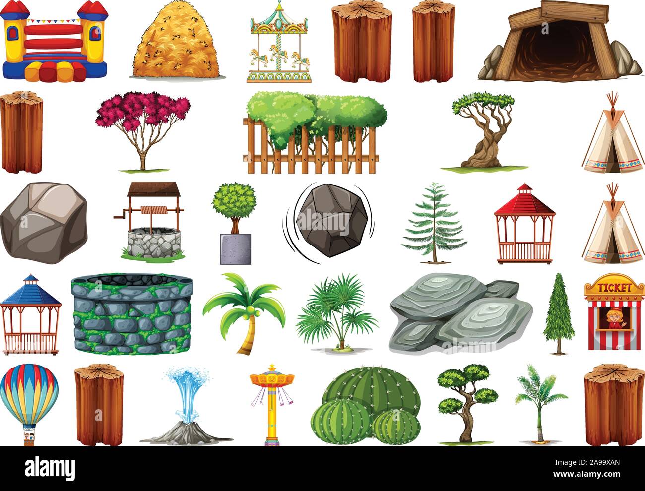 Collection of outdoor nature themed objects and plant elements