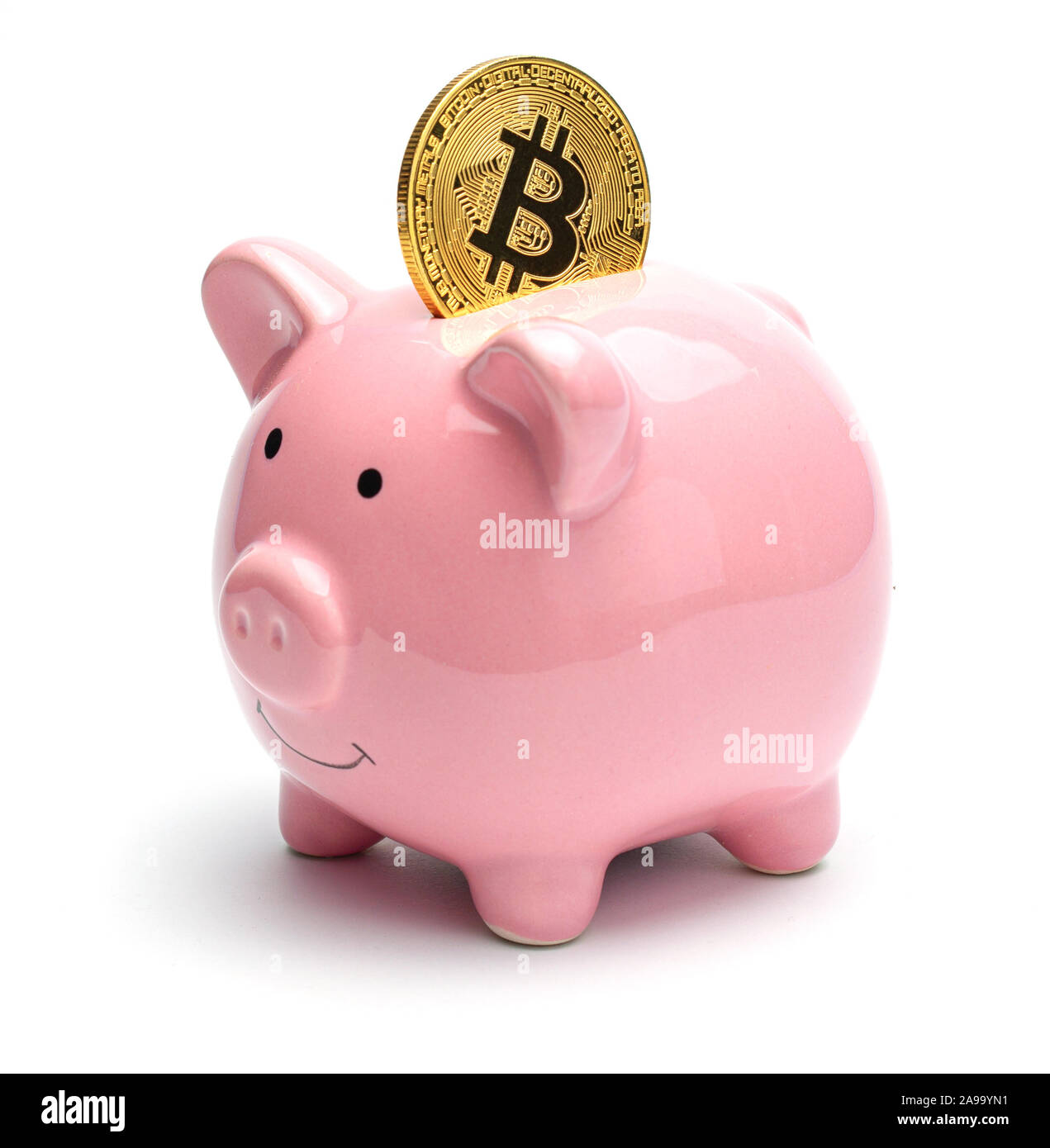 Pink piggy bank and golden bitcoin isolated on a white background.  Cryptocurrency Savings Stock Photo - Alamy