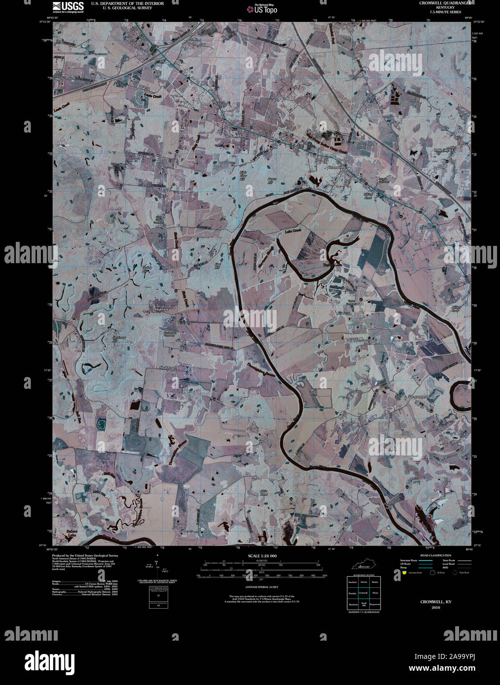USGS TOPO Map Kentucky KY Cromwell 20100421 TM Inverted Stock Photo