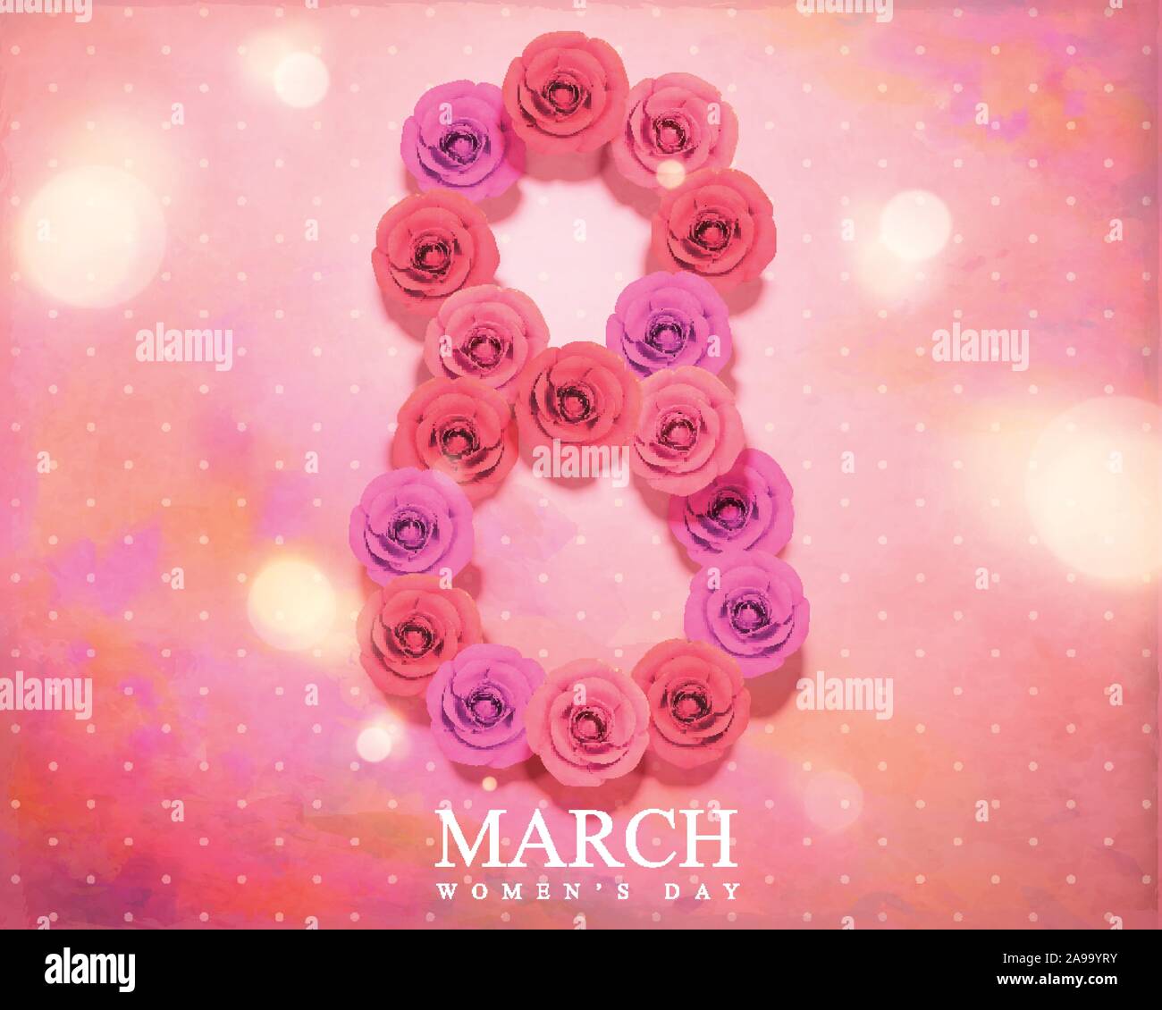 March 8 women's day with roses composed number on bokeh watercolor background Stock Vector