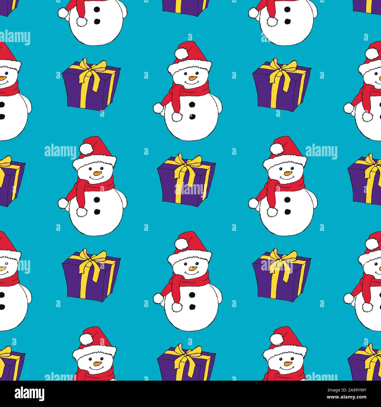 Christmas seamless pattern with snowman, fir trees and snowflakes ...