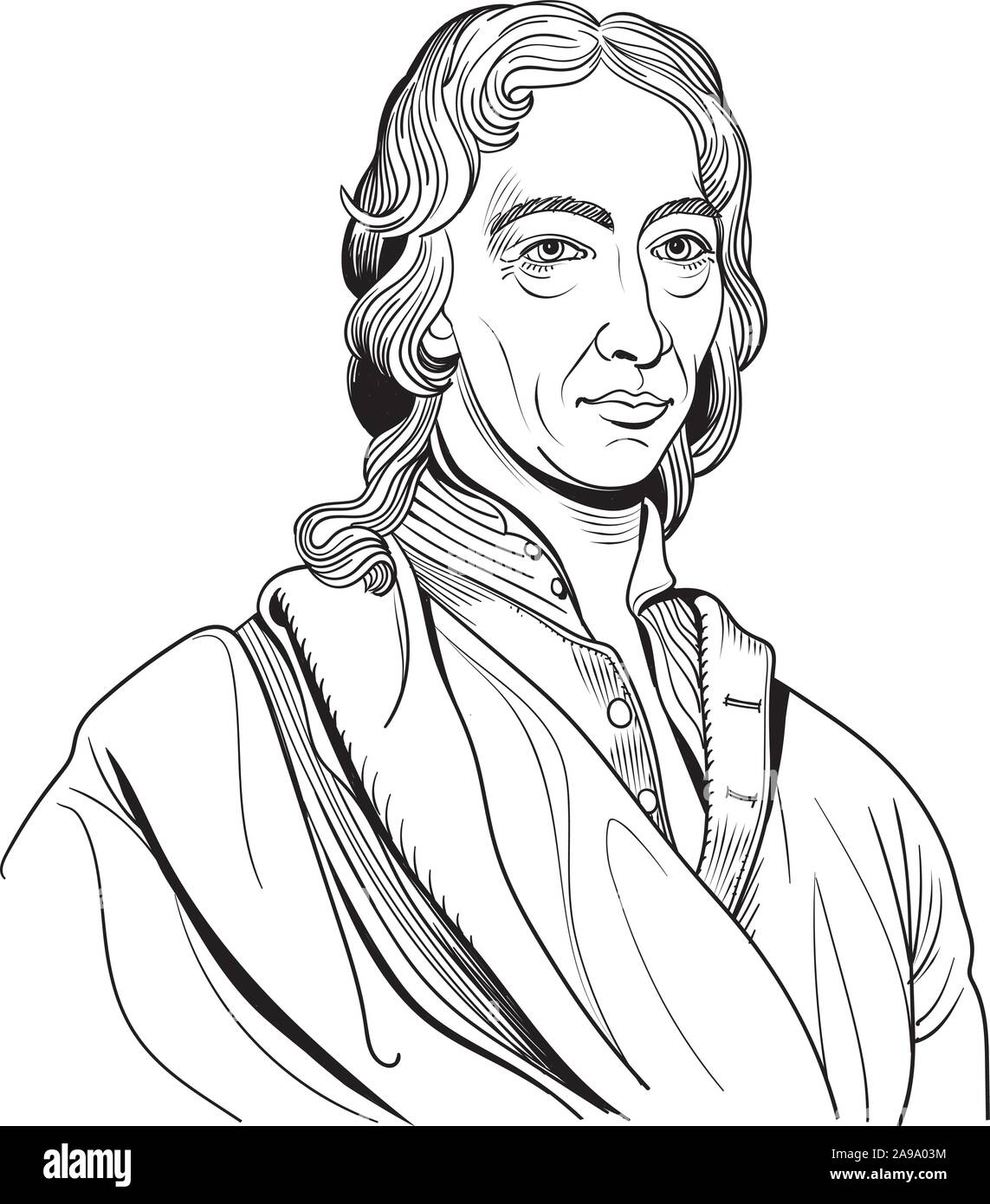 Robert Boyle cartoon portrait, he was philosopher, chemist, physicist and inventor. Stock Vector
