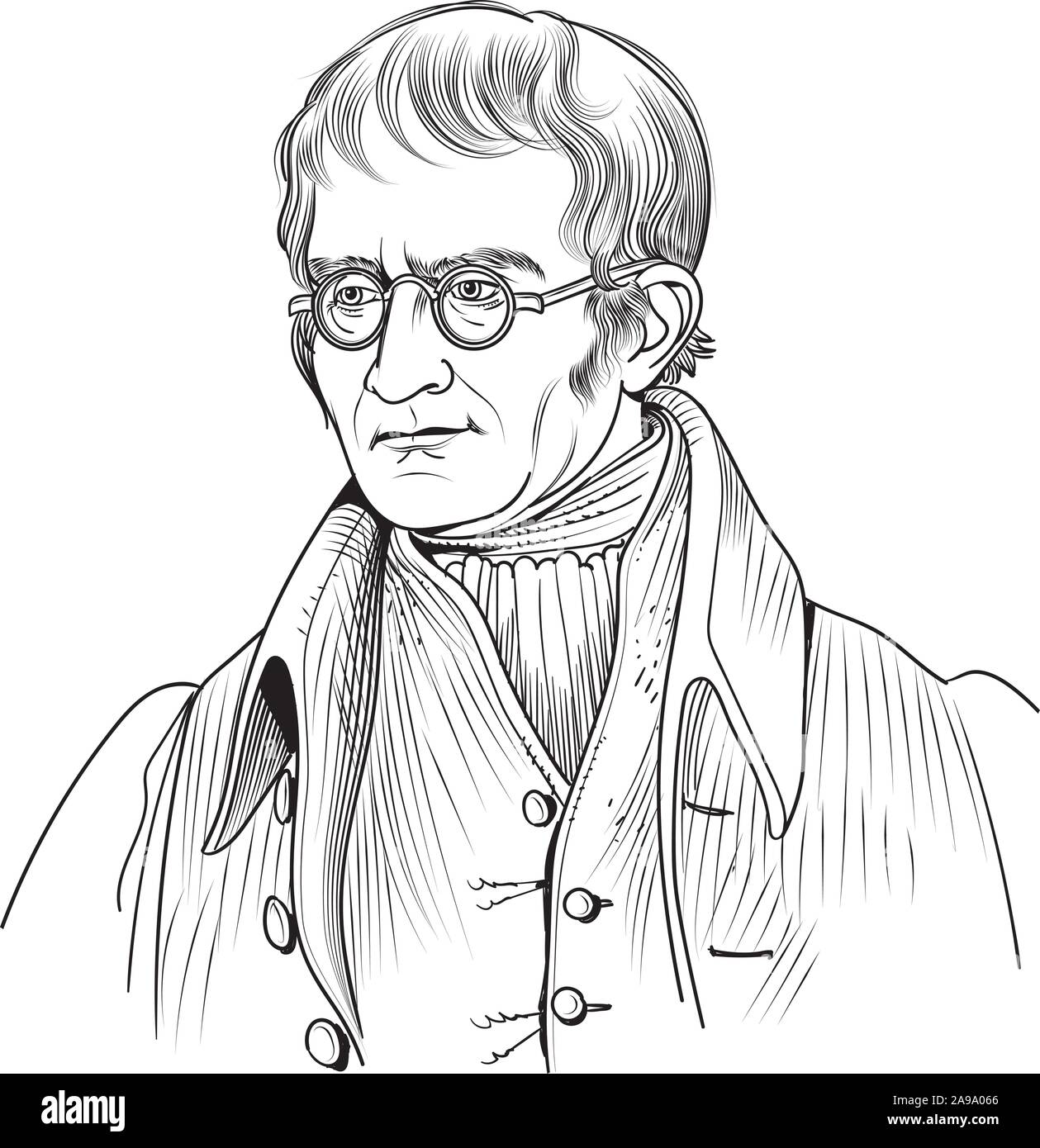 John Dalton cartoon portrait. He was an English chemist, physicist and meteorologist. He introduced the modern atomic theory into chemistry. Stock Vector