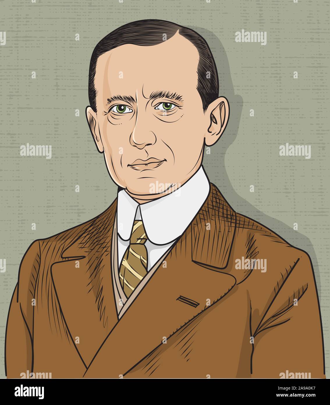 Guglielmo Marconi isolated cartoon portrait, vector. He was an Italian inventor and electrical engineer. Stock Vector