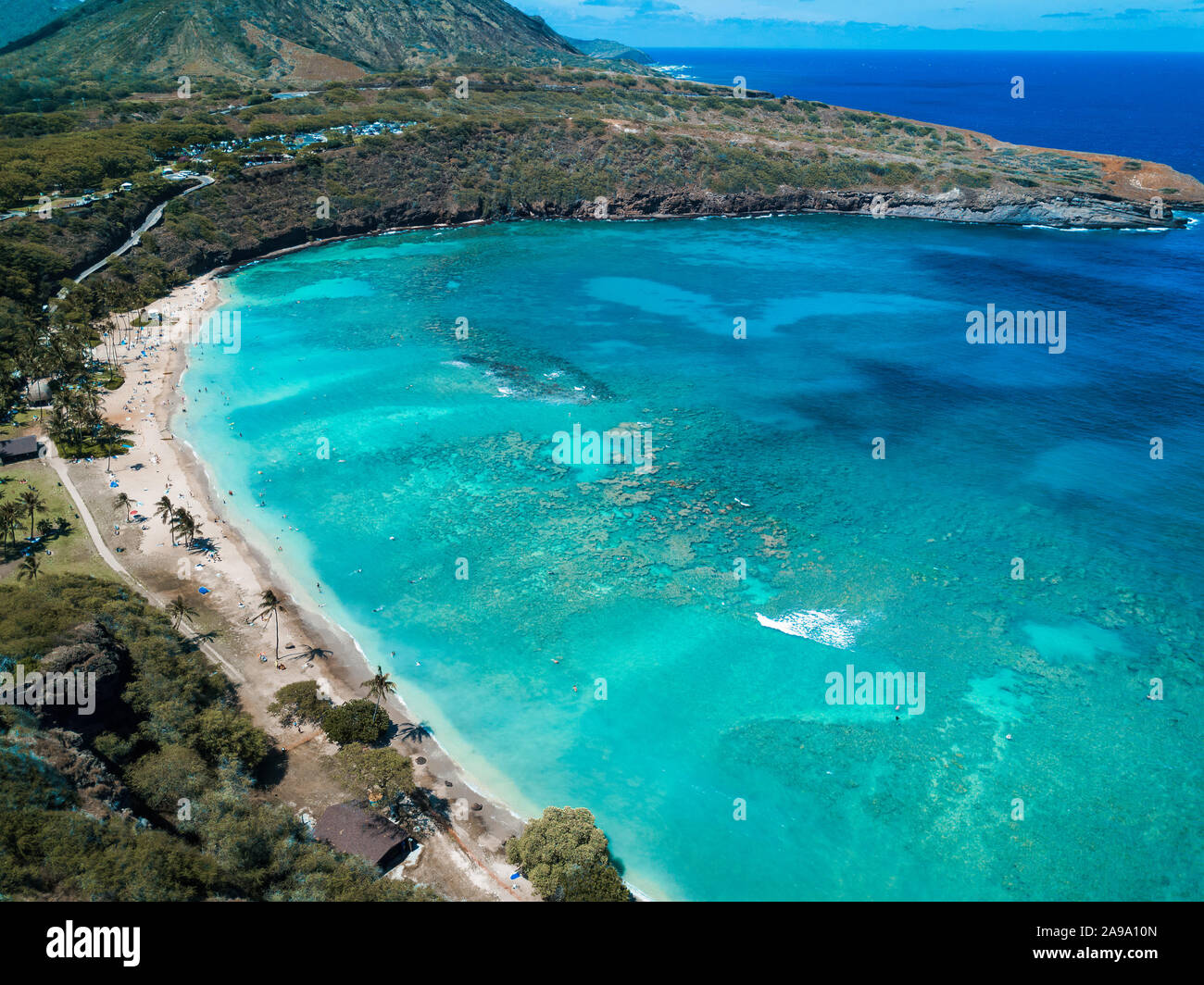Aerial drone shot view of beach in Hanauma Bay Nature Reserve in Hawaii