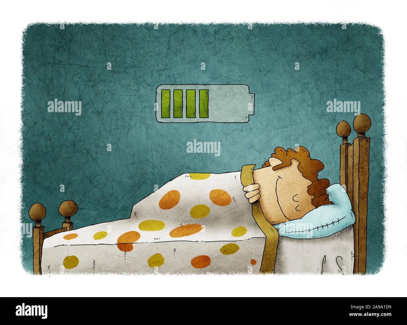 man sleeping at home and charging battery, health concept Stock Photo