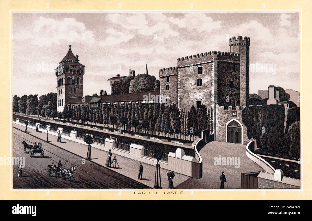 Cardiff Castle 1896 Victorian steel engraving from a photograph of the historic building in the centre of Cardiff Stock Photo
