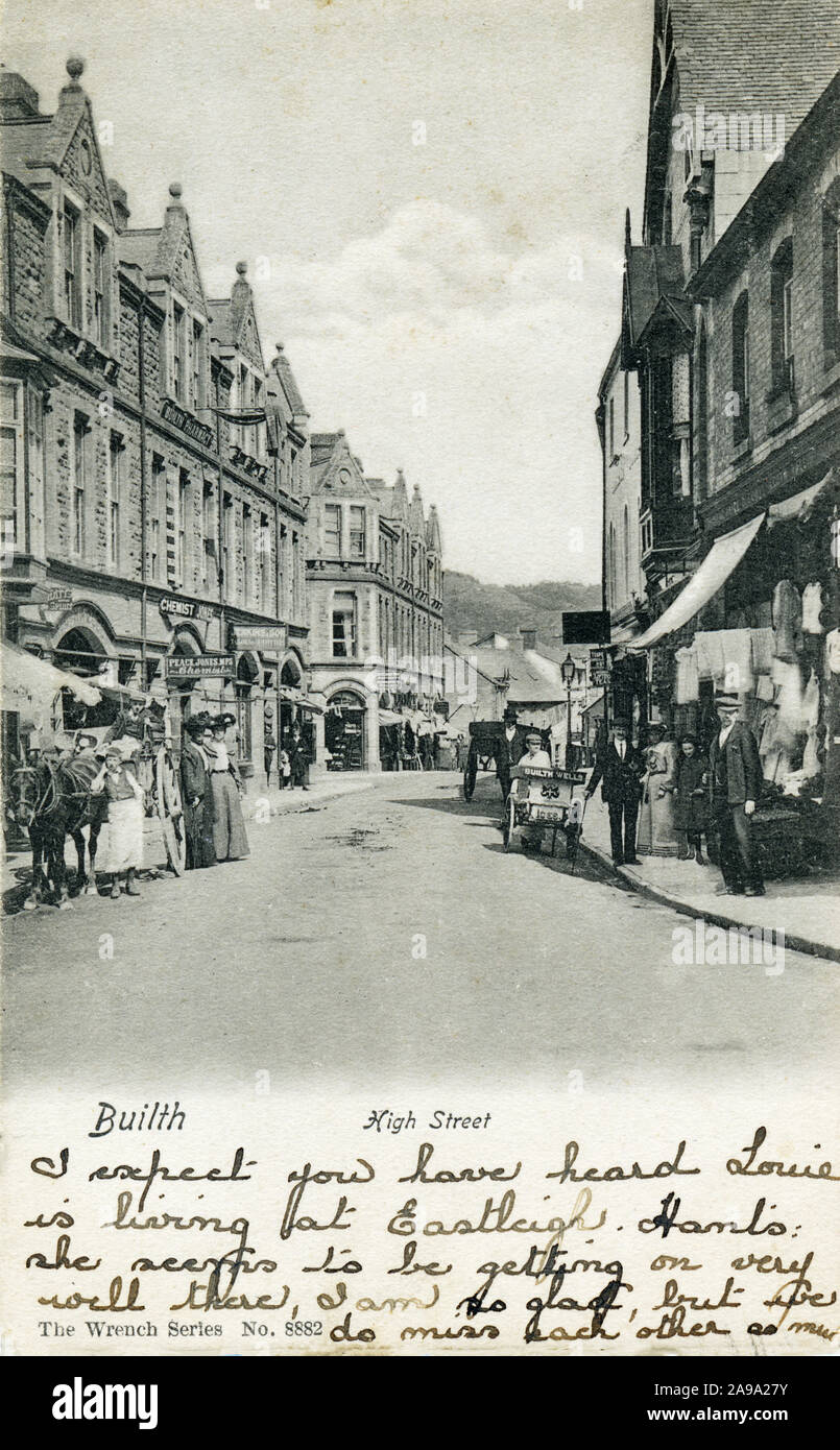 Builth Wells, High Street, 1909 postcard of the commercial centre of the mid Wales market town on the River Wye Stock Photo