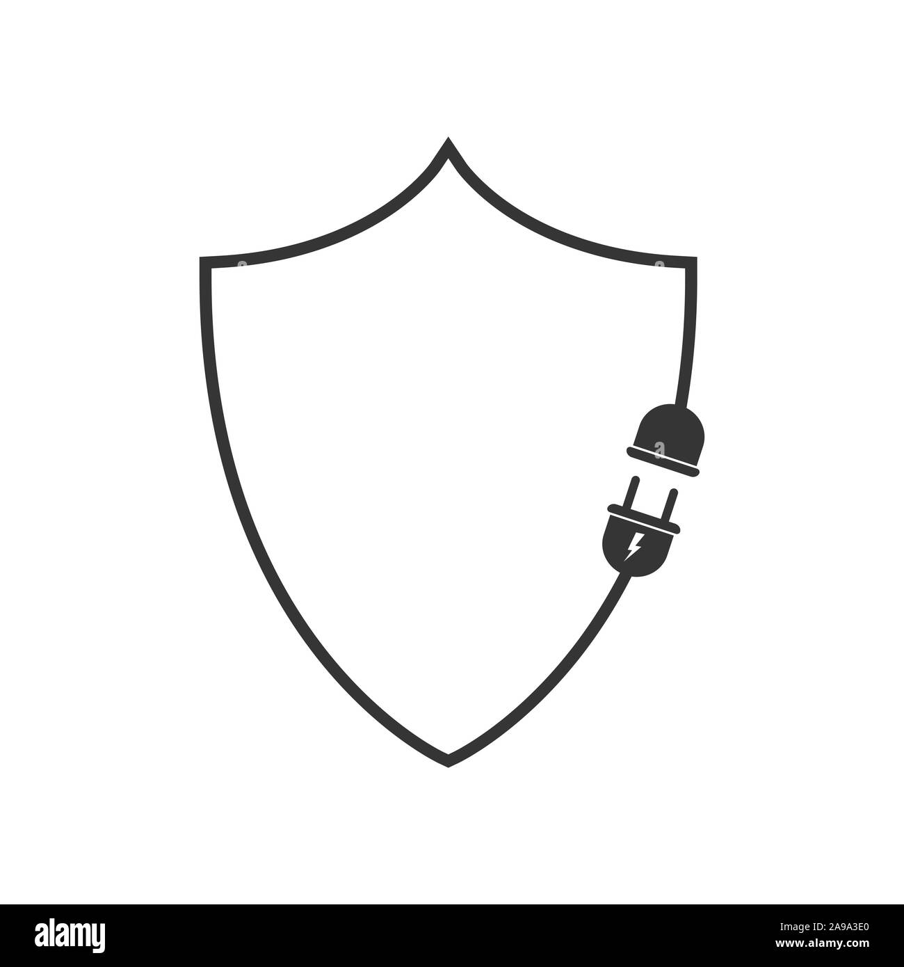Electric extension cord icon in shield shape. Vector black icon. Wire plug and socket isolated