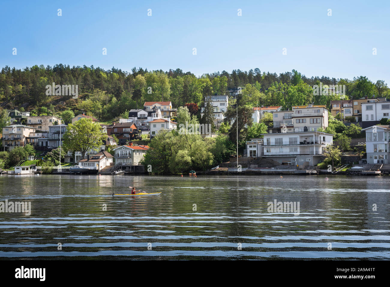Stockholm waterfront, view of waterside buildings on Ekensbergs, a residential area alongside Lake Malaren in east Stockholm, Sweden. Stock Photo