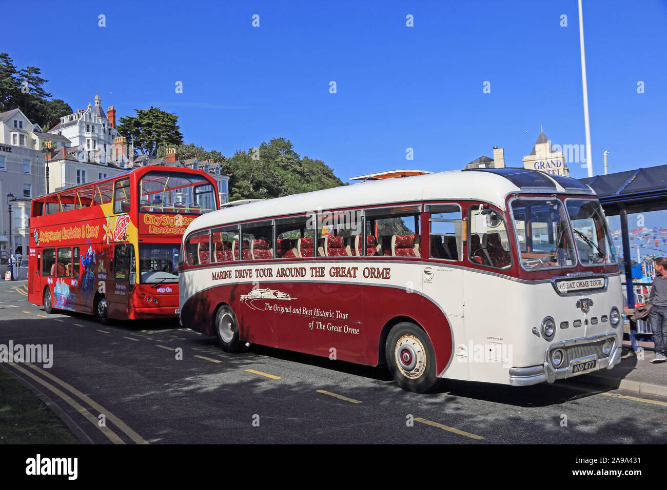Old buses offering tours around Llandudno Stock Photo