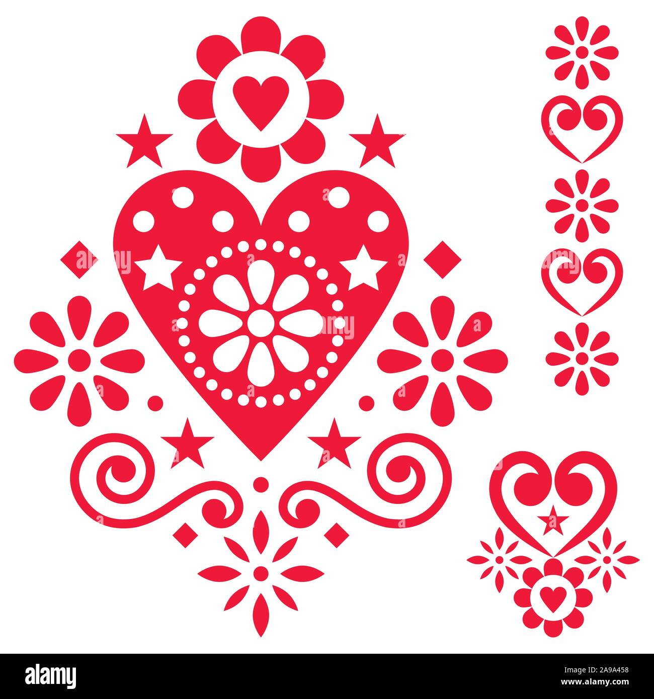 Valentine's Day folk art vector design set for greeting card or wedding invitation - Scandinavian style patterns with hearts and flowers Stock Vector