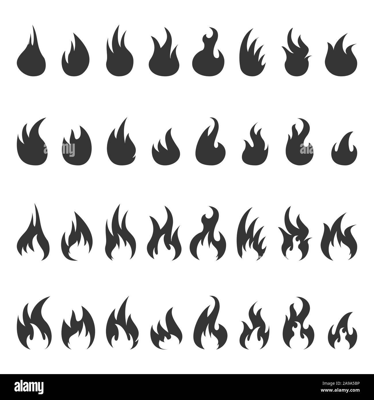 Set of flame icons. Vector design elements. Black Fire symbols Stock