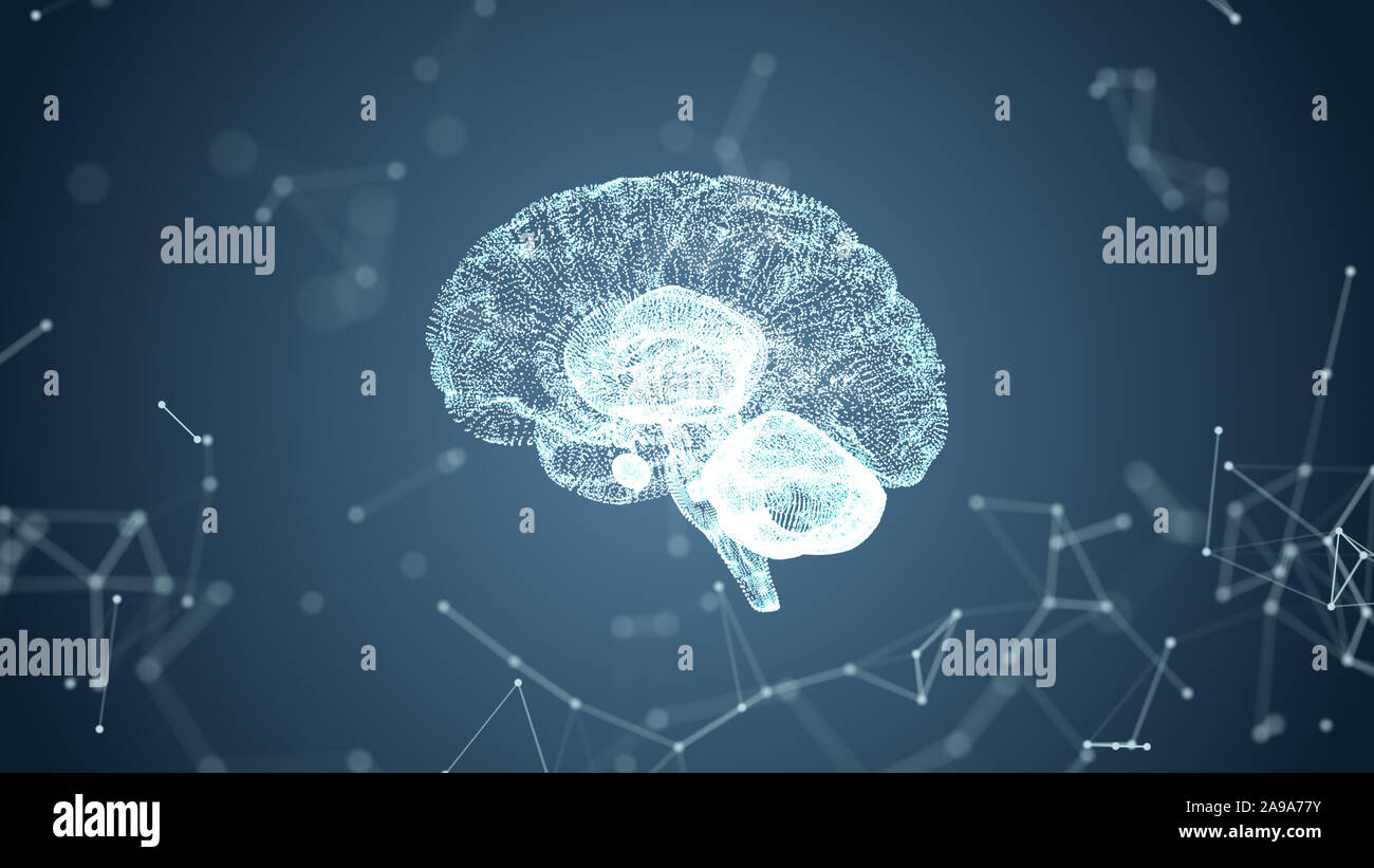 Abstract medical blue glow brain wireframe network and connecting dot in space background. Futuristics science and medical technology concept. Abstrac Stock Photo