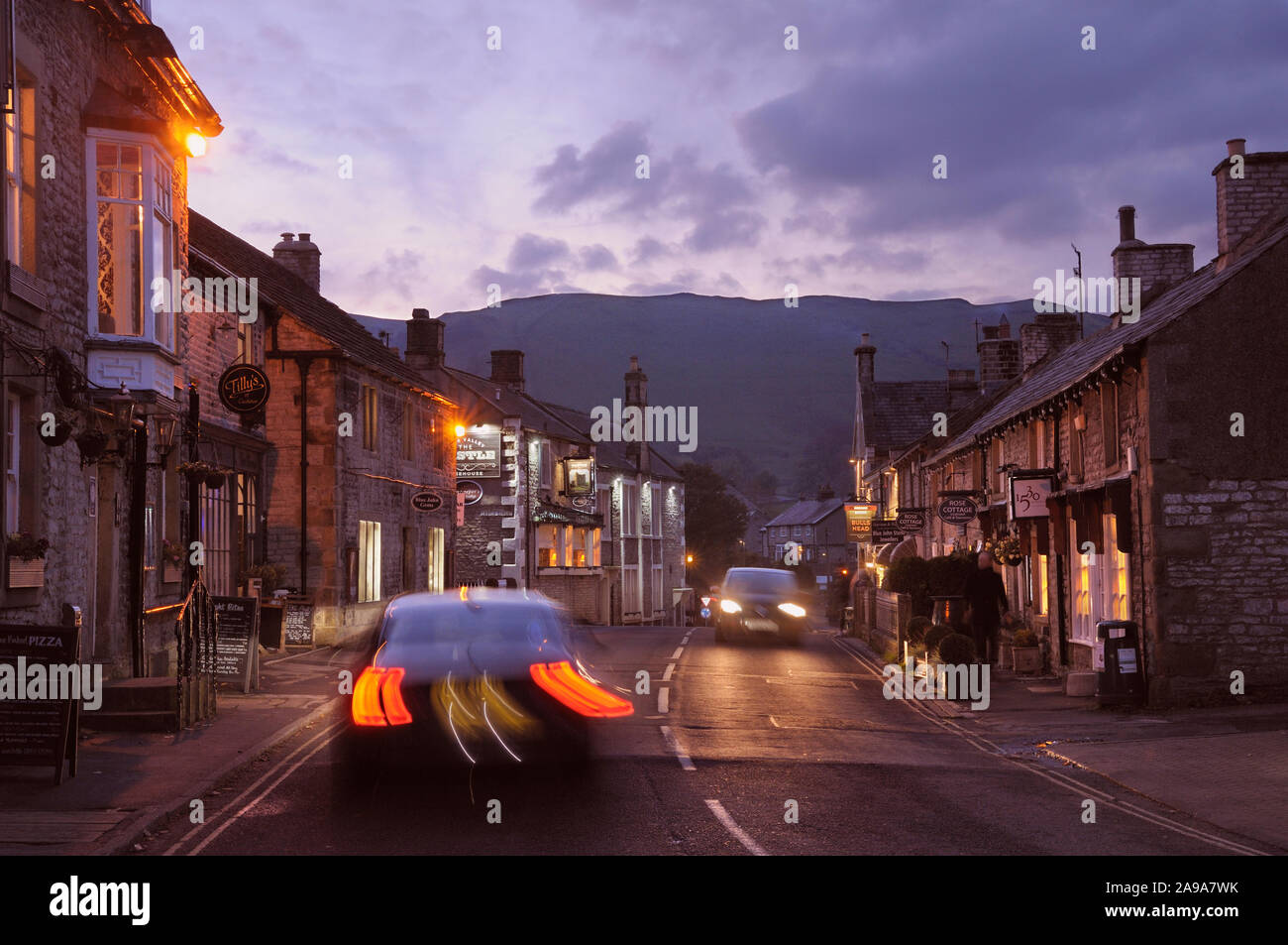 Castleton village and Mam Tor at twilight, Peak District, Derbyshire, England, UK Stock Photo