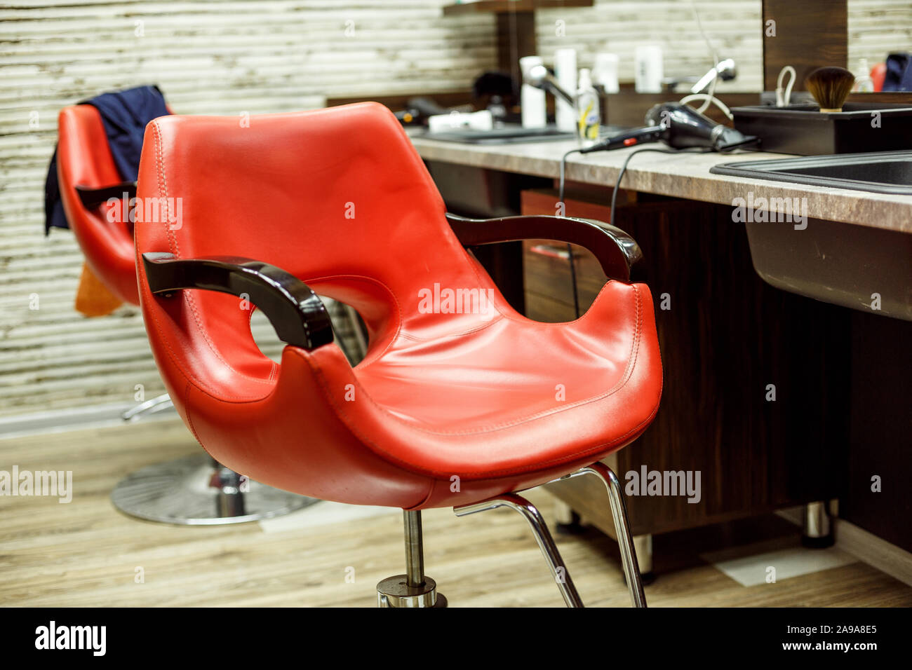 Red Chair With A Metal Base In The Barber Shop Small Depth Of
