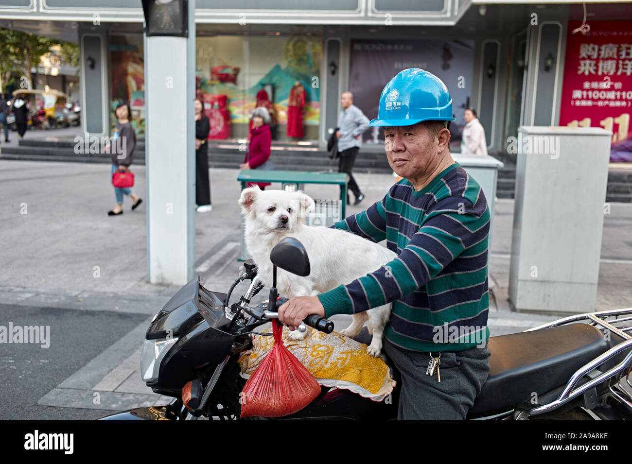 Street scene worker with pet dog Lishui, Zhejiang Province China, Stock Photo