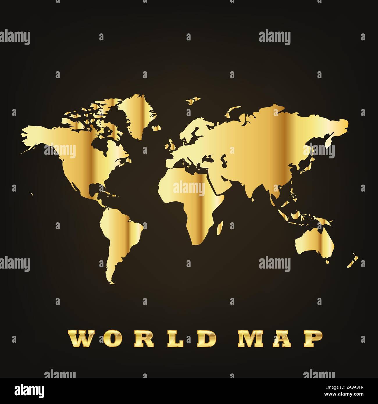 Golden world map on dark background. Vector illustration. Glossy world map. Stock Vector