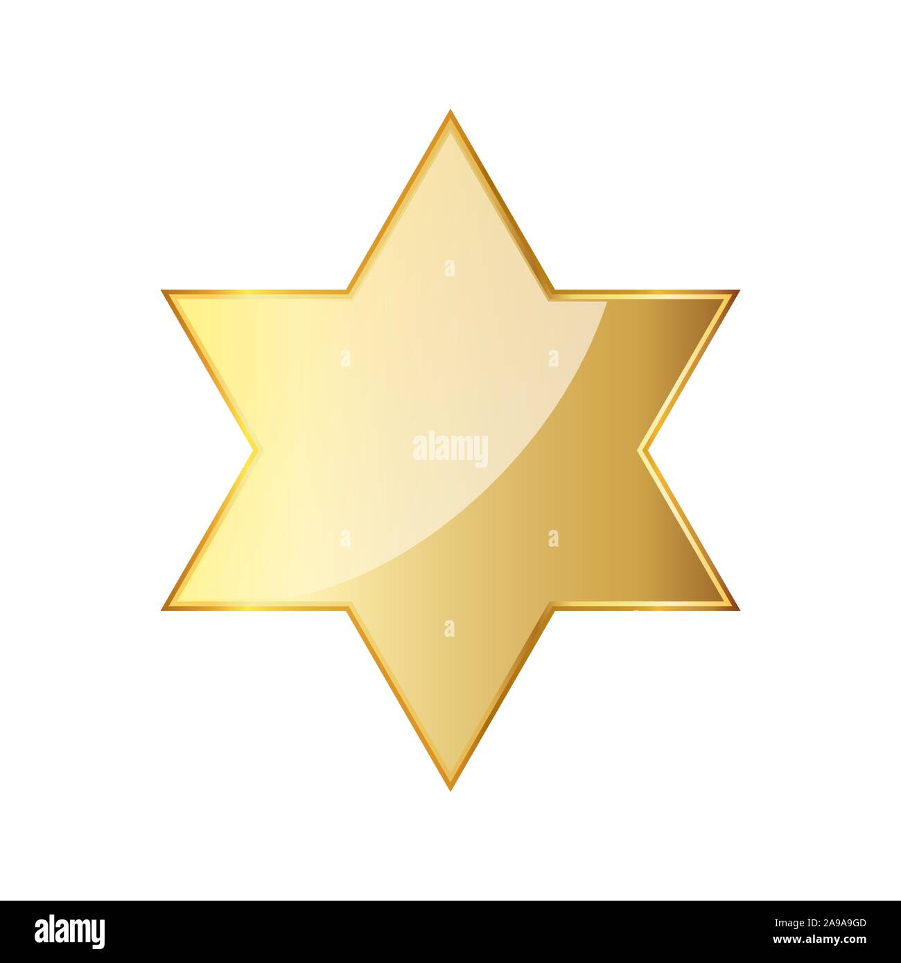 Golden hexagonal star icon. Vector illustration. Glossy golden star isolated on white background. Star of David. Stock Vector