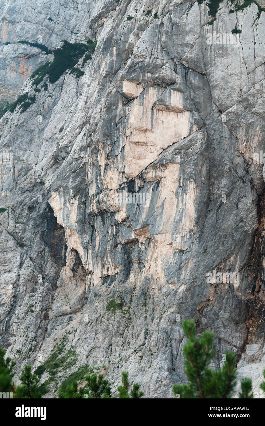 The Pagan Girl, a stone face of a maiden in northern side of Prisojnik in Julian Alps, Slovenia. Mountain climbing, nature and hiking concepts. Stock Photo