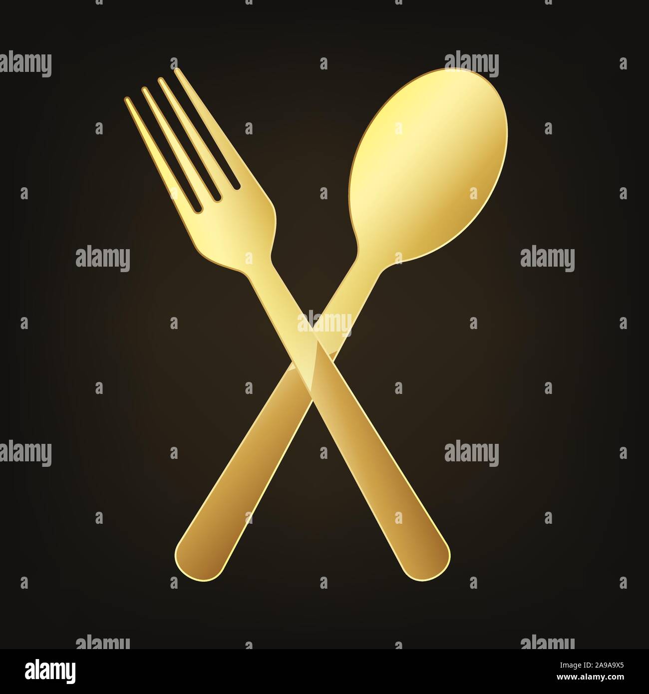 Gold crossed fork and spoon. Vector illustration. Original restaurant ...