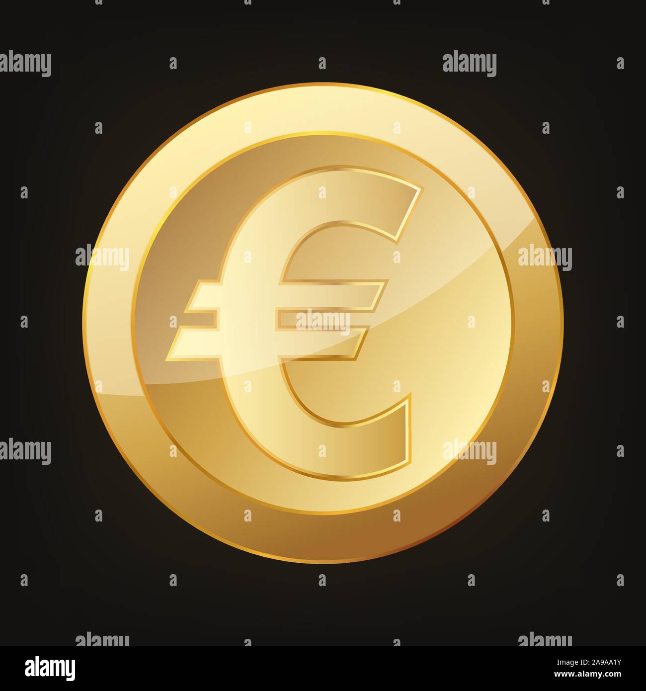 Gold euro coin. Vector illustration. Golden euro coin on dark background. Stock Vector