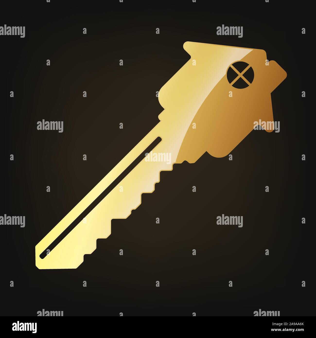 Gold house key icon. Vector illustration. House key, isolated on dark
