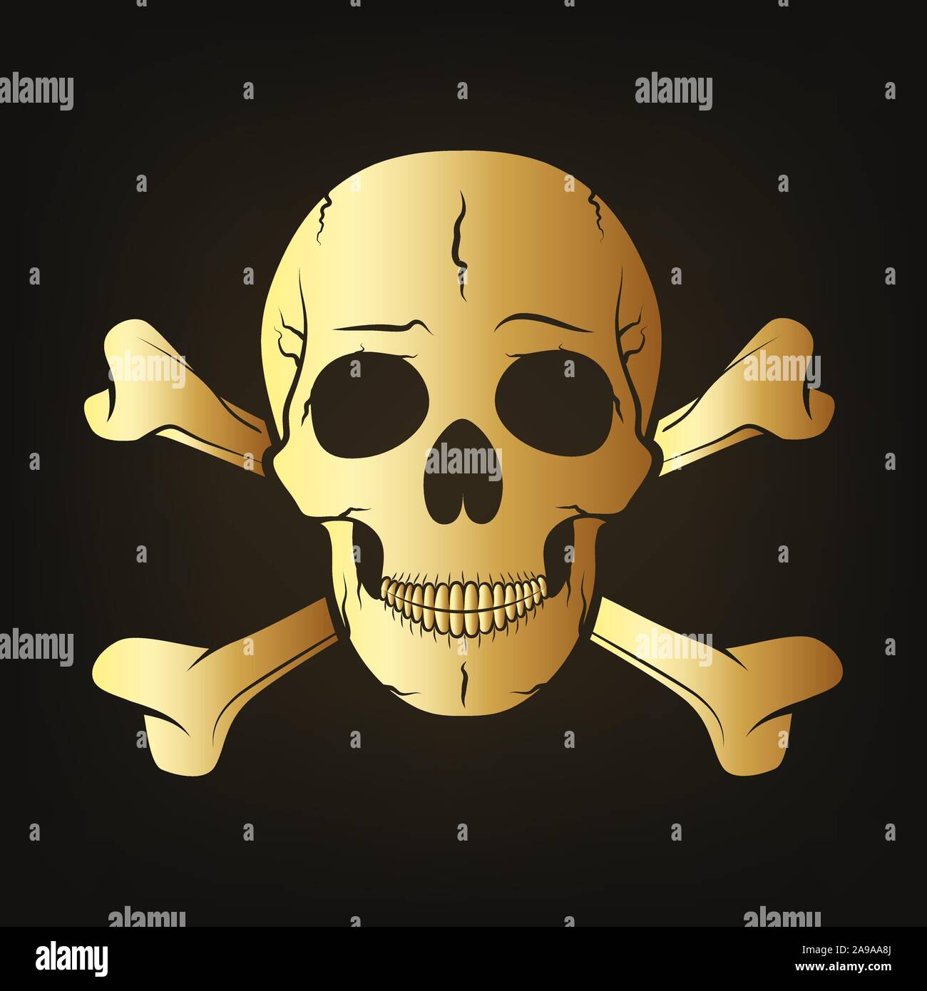 Gold skull with crossbones. Vector illustration. Golden human skull on
